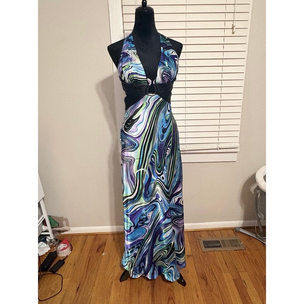 Morgan & Co Vintage Y2K Liquid Satin Rhinestone Serpent buckle open back Dress